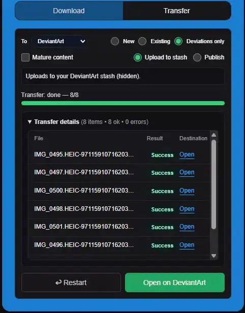 Transfer result view with manifest details and destination links