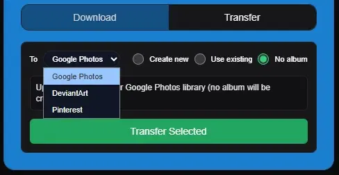 Google Photos destination options in the transfer UI
