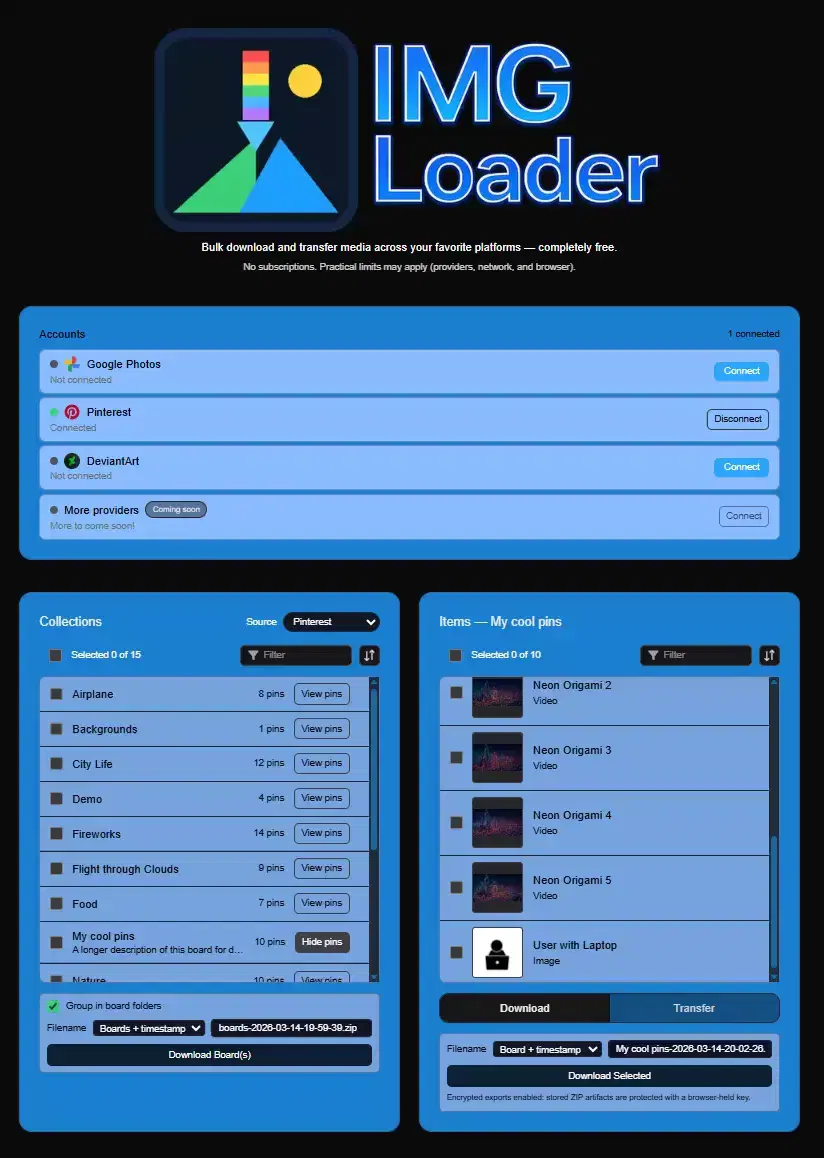 The IMGLoader interface showing connected Pinterest boards ready for download