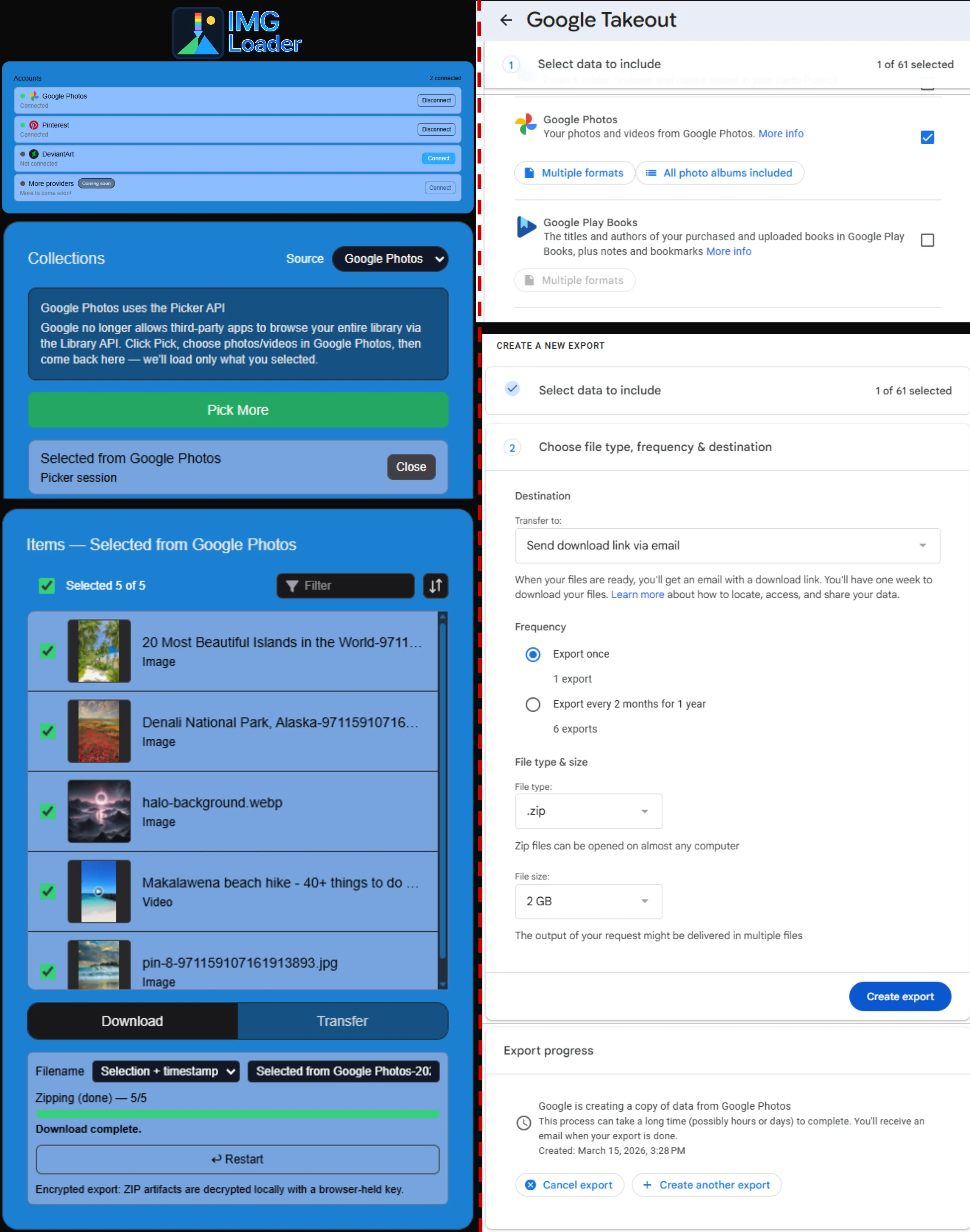 Comparison between Google Takeout and IMGLoader for Google Photos exports