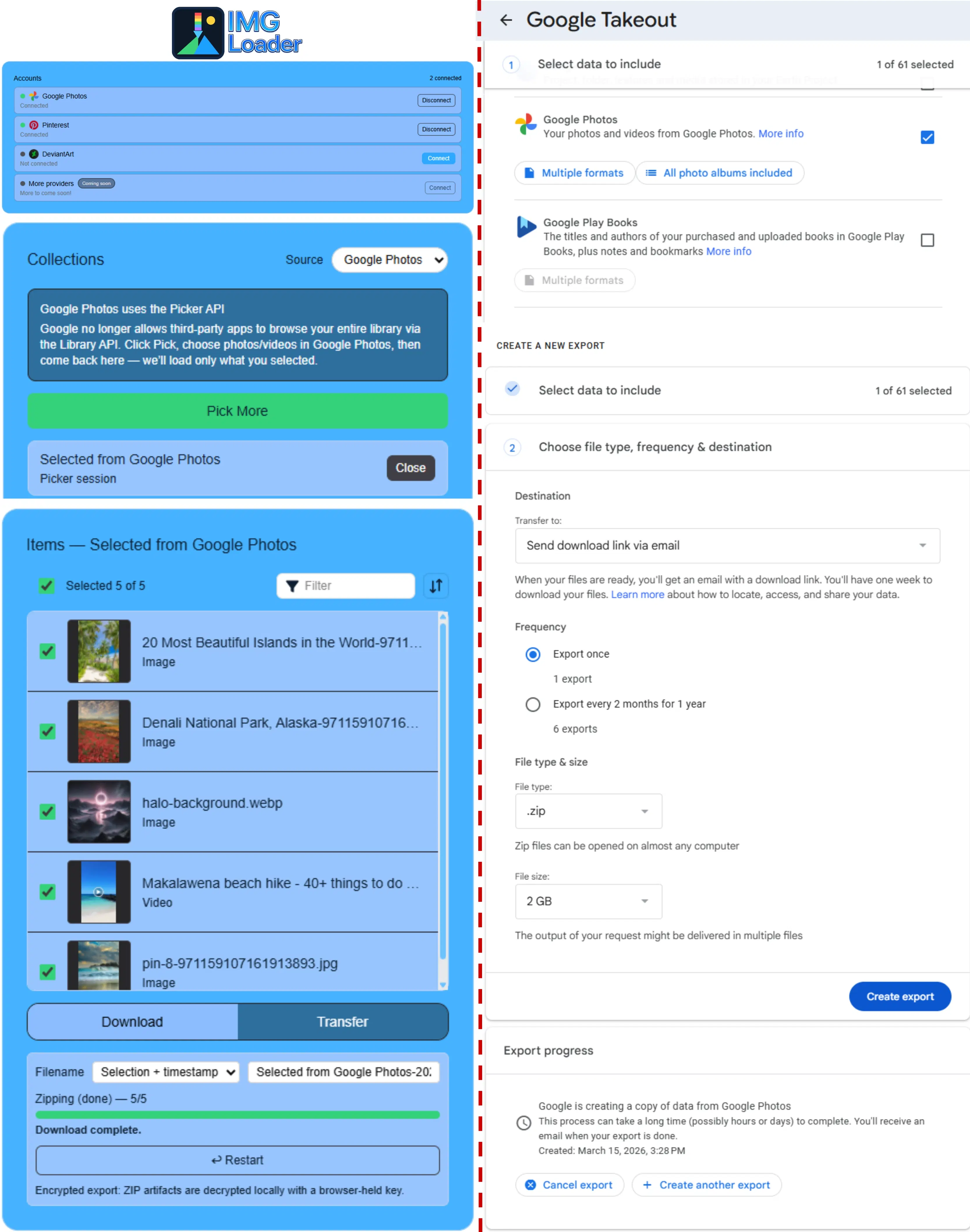 Comparison between Google Takeout and IMGLoader for Google Photos exports