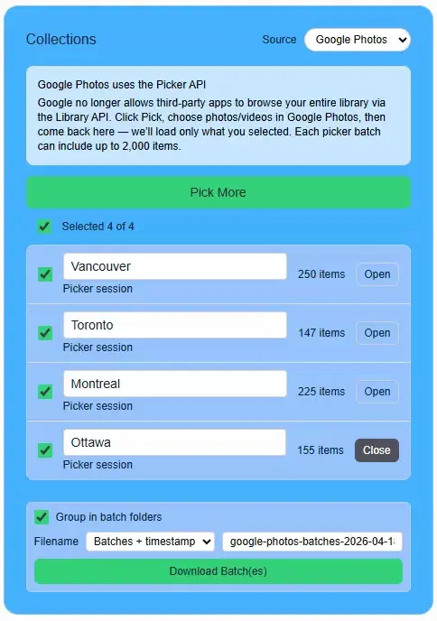 IMGLoader using Pick More to add another Google Photos batch