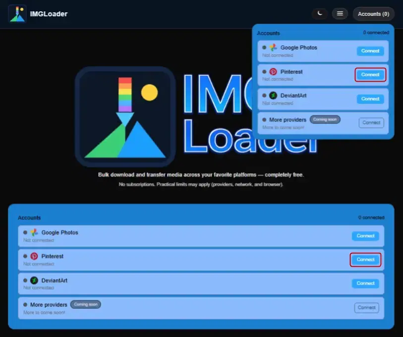 IMGLoader Accounts section with the Pinterest connect button