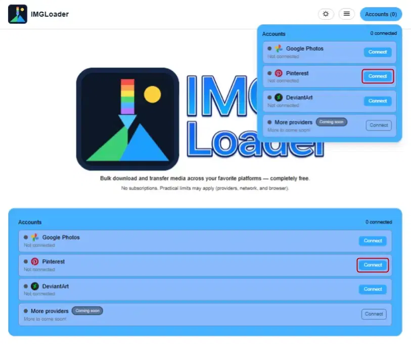 IMGLoader Accounts section with the Pinterest connect button